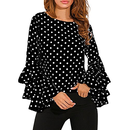 VECDY Moda Camisa Mujer Trompeta Manga Larga Suelta Lunares En Blanco Y Negro Camiseta Tops De Primavera Camisa Casual De Mujer（Negro ，XL）