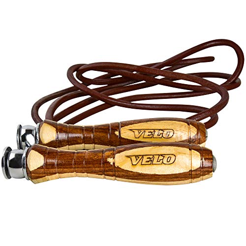 VELO Cuerda de saltar para fitness, fitness, boxeo, gimnasio, ejercicio, salto, entrenamiento profesional de cuero, artes marciales mixtas, cable de entrenamiento, mango de madera, altura ajustable