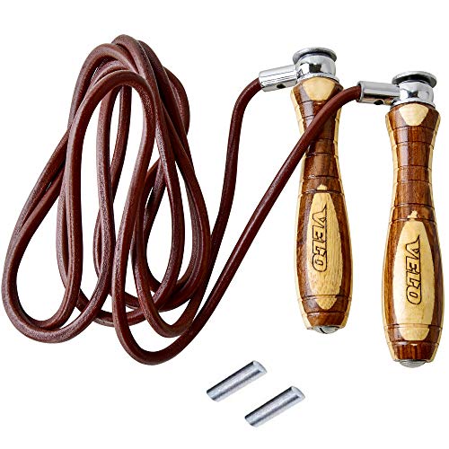 VELO Cuerda de saltar para fitness, fitness, boxeo, gimnasio, ejercicio, salto, entrenamiento profesional de cuero, artes marciales mixtas, cable de entrenamiento, mango de madera, altura ajustable