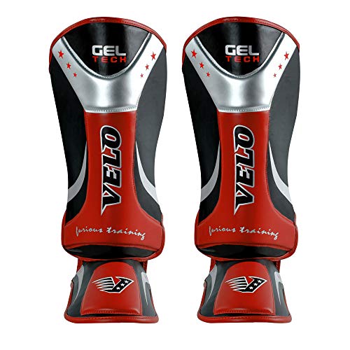 VELO Espinilleras de gel empeine almohadillas MMA pierna pie Muay Thai Kick Boxing UFC MMA equipo de protección (rojo negro, S)