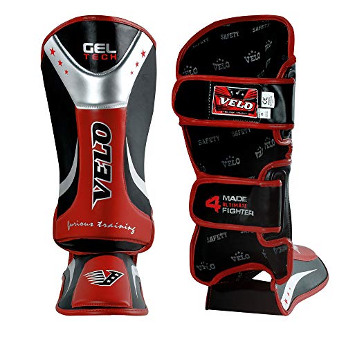 VELO Espinilleras de gel empeine almohadillas MMA pierna pie Muay Thai Kick Boxing UFC MMA equipo de protección (rojo negro, S)