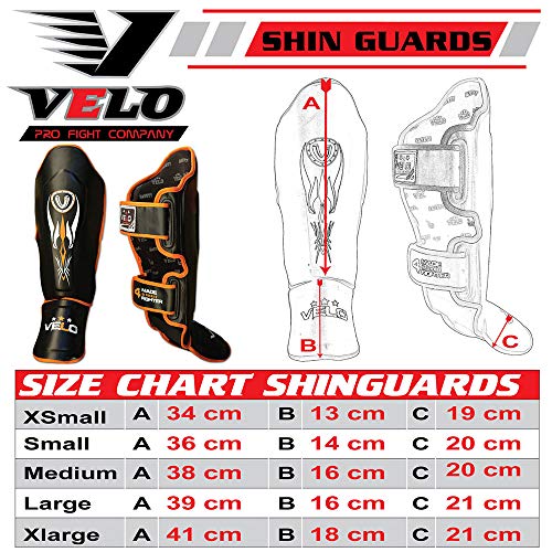 VELO Espinilleras para Muay Thai, almohadillas para artes marciales mixtas, boxeo, kickboxing, protector de pie de patada en el empeine (negro/naranja, S)