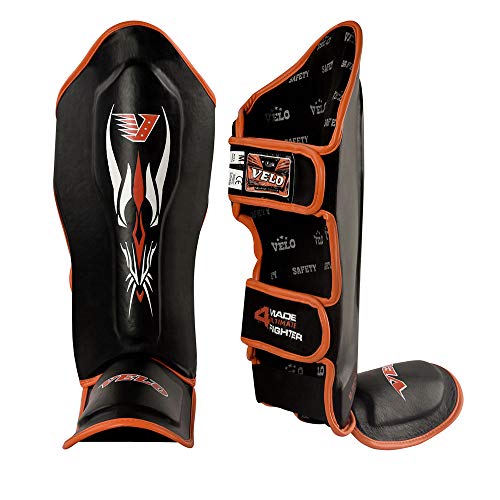 VELO Espinilleras para Muay Thai, almohadillas para artes marciales mixtas, boxeo, kickboxing, protector de pie de patada en el empeine (negro/naranja, S)