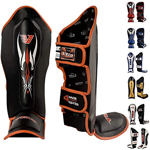 VELO Espinilleras para Muay Thai, almohadillas para artes marciales mixtas, boxeo, kickboxing, protector de pie de patada en el empeine (negro/naranja, S)