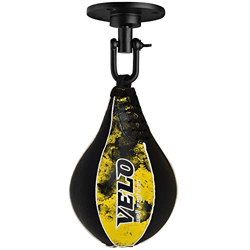 VELO Speed Ball Boxeo Cuero MMA Muay Thai Entrenamiento Punching Dodge Striking Bag Kit Colgando Giratorio Entrenamiento Speedball Patada Plataforma (Negro-Amarillo)