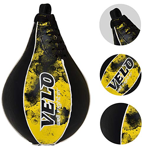 VELO Speed Ball Boxeo Cuero MMA Muay Thai Entrenamiento Punching Dodge Striking Bag Kit Colgando Giratorio Entrenamiento Speedball Patada Plataforma (Negro-Amarillo)