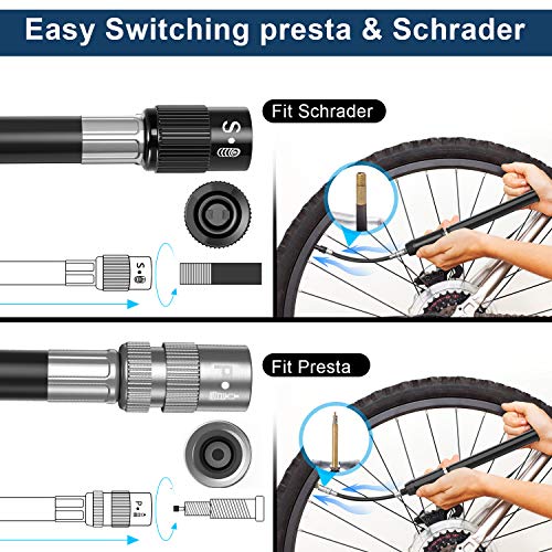 Vemingo Mini bomba de bicicleta, bomba de bicicleta portátil de 260 PSI, bombas de bicicleta con kit de reparación y montaje, compatible con Presta y Schrade, inflado rápido de neumáticos