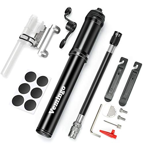 Vemingo Mini bomba de bicicleta, bomba de bicicleta portátil de 260 PSI, bombas de bicicleta con kit de reparación y montaje, compatible con Presta y Schrade, inflado rápido de neumáticos