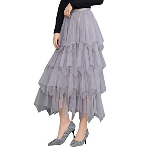 VEMOW Faldas Mujer cómoda de Tul de Cintura Alta Falda Plisada del tutú de Las señoras Falda de Midi(Gris,Una Talla)