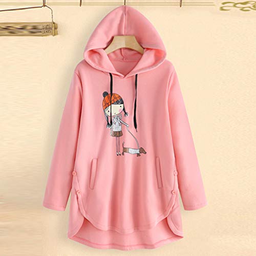 VEMOW Pullover Mujer Suelto Casual Dibujos Animados ImpresióN Irregular Dobladillo Encapuchado Camisa De Entrenamiento Sudadera Tops Blusa Camisa OtoñO Invierno(Rosado,5XL)