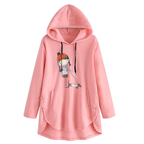 VEMOW Pullover Mujer Suelto Casual Dibujos Animados ImpresióN Irregular Dobladillo Encapuchado Camisa De Entrenamiento Sudadera Tops Blusa Camisa OtoñO Invierno(Rosado,5XL)