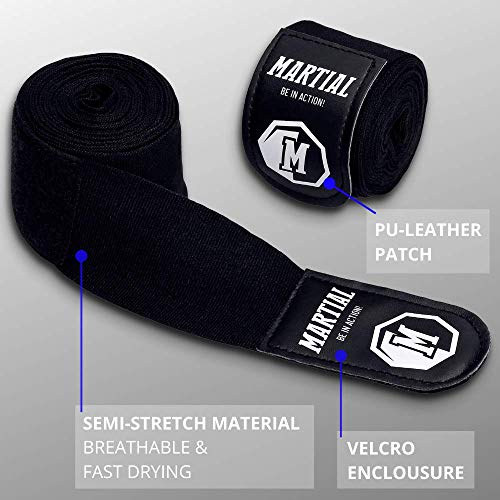 Vendas de Boxeo de Martial con Presilla para el Pulgar. ¡Vendajes sin Desgaste para MMA, Boxeo, Kickboxing y Combate! ¡Vendaje de muñeca Negro, absorción óptima del Sudor!