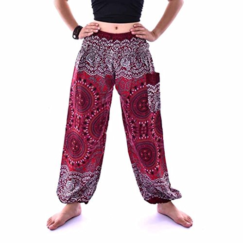 Venmo Hombres Mujeres tailandesas Pantalones de harén Festival Hippy Delantal Hippie Alta Cintura Pantalones de Yoga (Vino, Tamaño Libre)