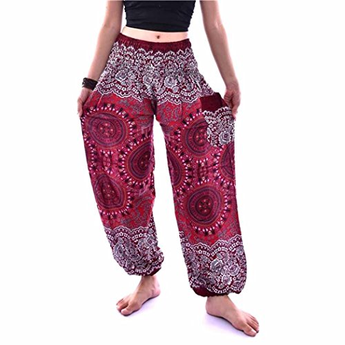 Venmo Hombres Mujeres tailandesas Pantalones de harén Festival Hippy Delantal Hippie Alta Cintura Pantalones de Yoga (Vino, Tamaño Libre)