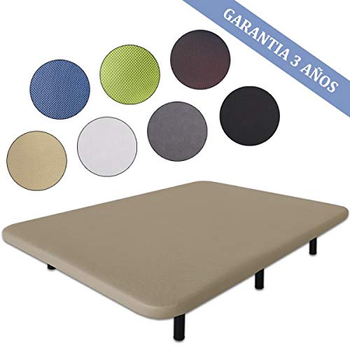 Ventadecolchones - Base tapizada Modelo Drago Súper-Reforzada con Sistema Antiruido con 7 Patas de 27 cm con 7 Barras transversales 3D Beige Medida 135 x 190 cm