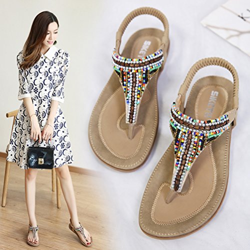 Verano del Las Sandalias Flip-Flops Playa Zapatos,TieNew Indumentaria Femenina Dulce con Cuentas de Clip del Dedo del pie de Las Sandalias Pisos Espina de Pescado de Bohemia