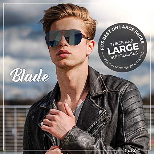 Verdster Gafas de Sol Extra Grandes Azules de Espejo para Hombre Blade – Un Estilo Osado para Hombres a la moda – Montura Grande Plana – Accesorios Incluidos