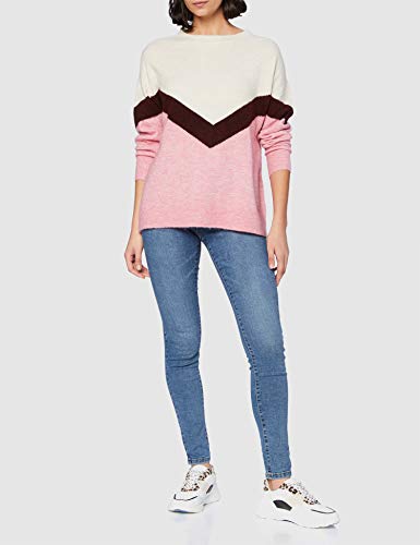 Vero Moda VMGINGOBLOCK LS O-Neck Blouse GA Jersey de Punto, Rosa Salvaje/Detalle: W. Cabernet + Abedul, S para Mujer