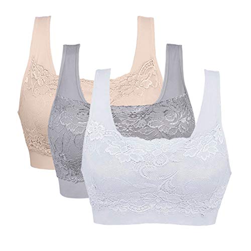 Vertvie Womens Strech sin aros Push up Yoga Sports BH Bra Top Set Fuer Fitness Fitness Fitness Acolchado Pack de 3 Blanco, piel y gris claro. M