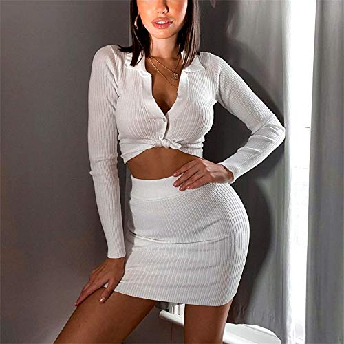 Vestido de 2 Piezas para Mujer Sexy Traje Ajustado Top Corto Cárdigan de Punto con Manga Larga Falda de Cintura Alta (Blanco, L)