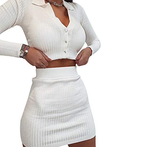 Vestido de 2 Piezas para Mujer Sexy Traje Ajustado Top Corto Cárdigan de Punto con Manga Larga Falda de Cintura Alta (Blanco, L) Vestido de 2 Piezas para Mujer Sexy Traje Ajustado Top Corto Cárdigan de Punto con Manga Larga Falda de Cintura Alta (Blanco, L)