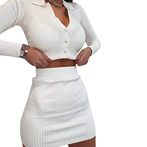 Vestido de 2 Piezas para Mujer Sexy Traje Ajustado Top Corto Cárdigan de Punto con Manga Larga Falda de Cintura Alta (Blanco, L)