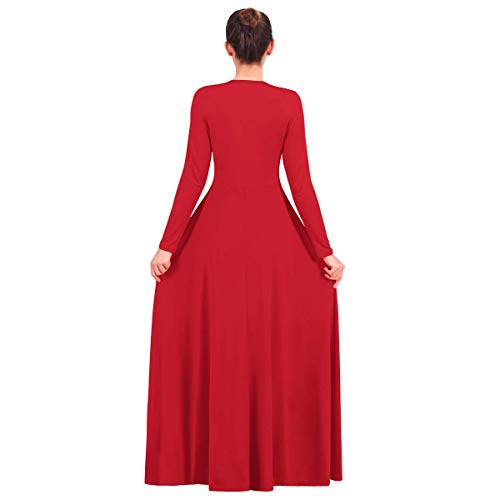 Vestido de Alabanza para Mujer Disfraz de Baile Litúrgico de Retazos de Manga Larga Falso Cuello V Ballet Adultos Costume de Oración de la Iglesia Costume de Fiesta Gimnástica Rojo 3XL