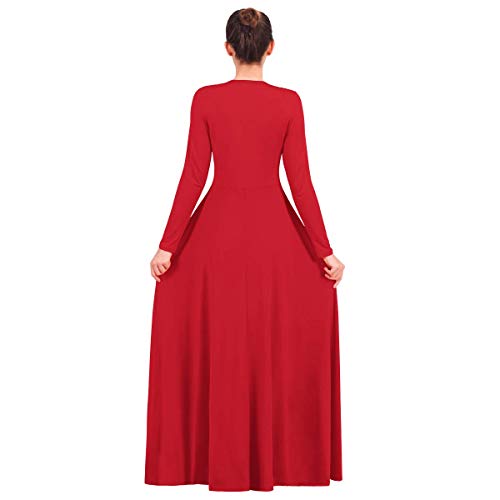 Vestido de Alabanza para Mujer Disfraz de Baile Litúrgico de Retazos de Manga Larga Falso Cuello V Ballet Adultos Costume de Oración de la Iglesia Costume de Fiesta Gimnástica Rojo 3XL