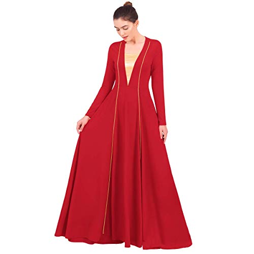 Vestido de Alabanza para Mujer Disfraz de Baile Litúrgico de Retazos de Manga Larga Falso Cuello V Ballet Adultos Costume de Oración de la Iglesia Costume de Fiesta Gimnástica Rojo 3XL