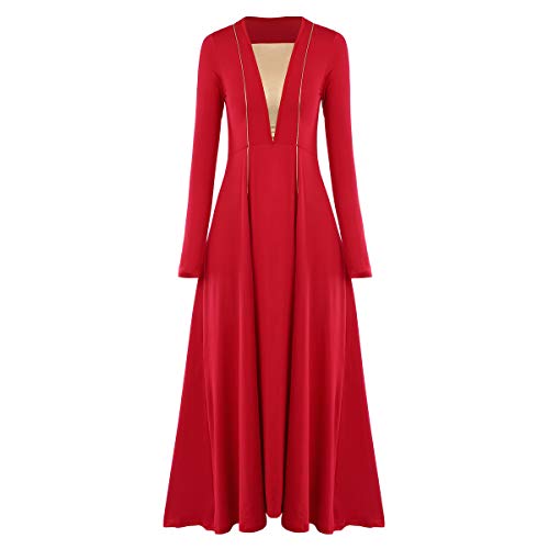 Vestido de Alabanza para Mujer Disfraz de Baile Litúrgico de Retazos de Manga Larga Falso Cuello V Ballet Adultos Costume de Oración de la Iglesia Costume de Fiesta Gimnástica Rojo 3XL