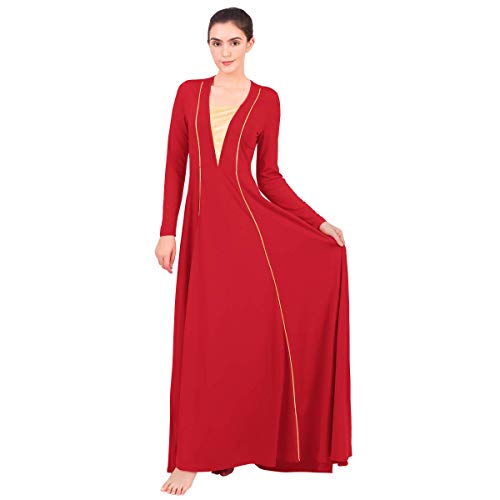 Vestido de Alabanza para Mujer Disfraz de Baile Litúrgico de Retazos de Manga Larga Falso Cuello V Ballet Adultos Costume de Oración de la Iglesia Costume de Fiesta Gimnástica Rojo 3XL