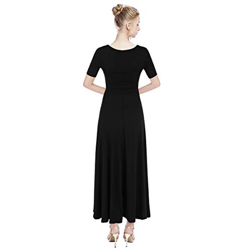 Vestido de Baile Litúrgico Alabanza para Adulto Mujer,Manga Corta Color Sólido Largo Danza Falda Casual Maxi Jersey,Invierno Otoño Fiesta Ballet Bailarina Disfraz Negro M