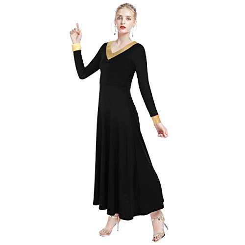 Vestido de Baile Litúrgico Alabanza para Adultos Mujer,Manga Larga Cuello en V Ballet Jersey Leotardo Gimnasia Clásica Combinación Disfraz Bailarina Actuación Fiesta Maxi Falda de Noche Negro XXL