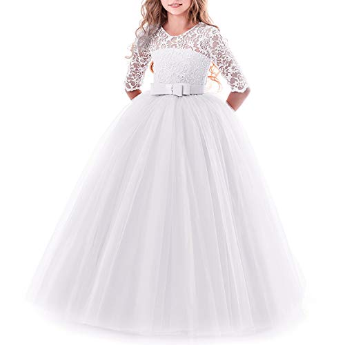 Vestido de niña de Flores para la Boda Princesa Largo Manga Vestidos de Dama De Honor Fiesta Tul Comunión Cumpleaños Bola Pageant Paseo Baile Maxi Cóctel Fotografía Vestir Blanco 2-3 Años