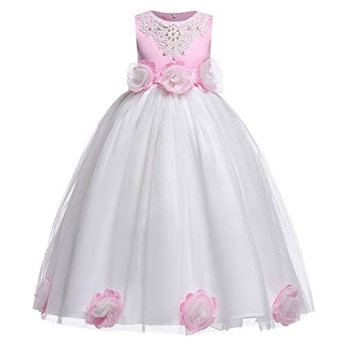 Vestido de Novia de Niña Lovely Fancy Junior Flower Girl Dress Sin mangas Floral Rose Tul Princesa Vestidos Chicas Tutu Bow Vestido de boda Fiesta de cumpleaños Vestido de Niña de Flores de 0-12 Años,