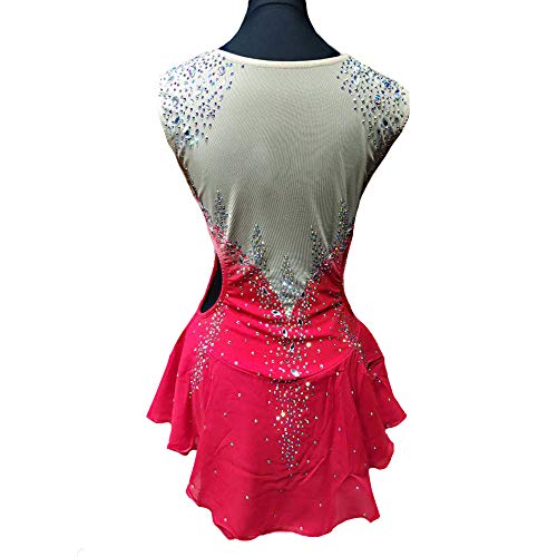 Vestido de Patinaje artístico para Mujer niña Maillots de competición Profesional sin Mangas y Transpirables de Secado rápido,Rojo,16