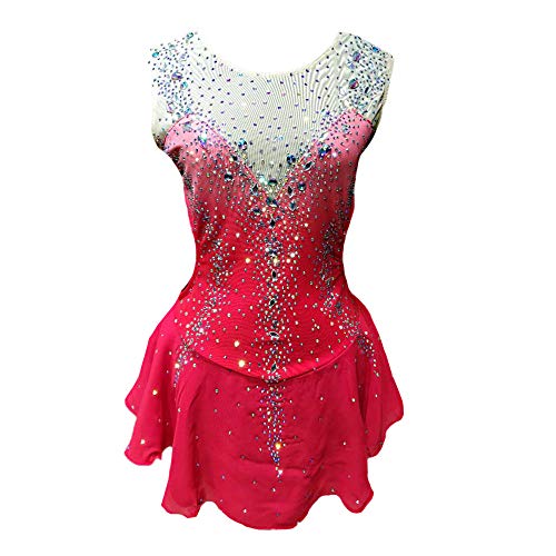 Vestido de Patinaje artístico para Mujer niña Maillots de competición Profesional sin Mangas y Transpirables de Secado rápido,Rojo,16