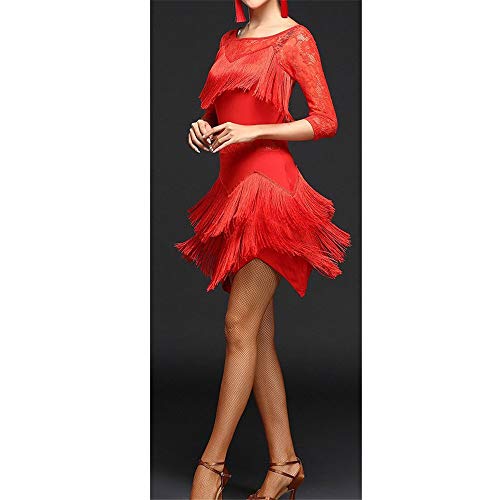 Vestido de práctica de baile, Trajes del vestido de baile de Tango Salón mujeres de la franja de las borlas de la aleta del vestido latino de la danza de la media manga de encaje floral Dancewear Rend