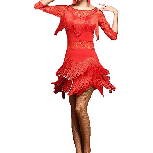 Vestido de práctica de baile, Trajes del vestido de baile de Tango Salón mujeres de la franja de las borlas de la aleta del vestido latino de la danza de la media manga de encaje floral Dancewear Rend