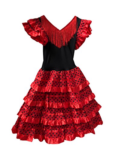 Vestido Flamenco Disfraz Sevillanas Rosa Rojo Topos (Rojo, 10-11 años)