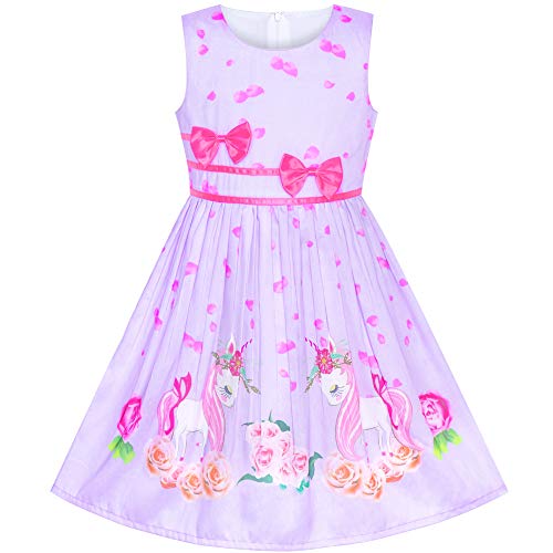 Vestido para niña Morado Unicornio Flor Verano Sol 4-5 años