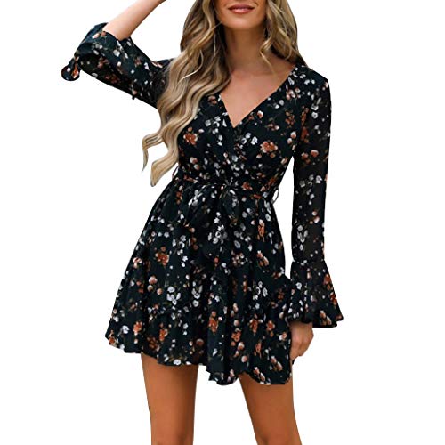 Vestidos De Mujer De Fiesta Elegante Imprimir Floral Vestido Floral con Volantes A LíNea Casual Vestido Cruzado Manga Larga Columpio Plisado Vestido Mini Patinador con CinturóN