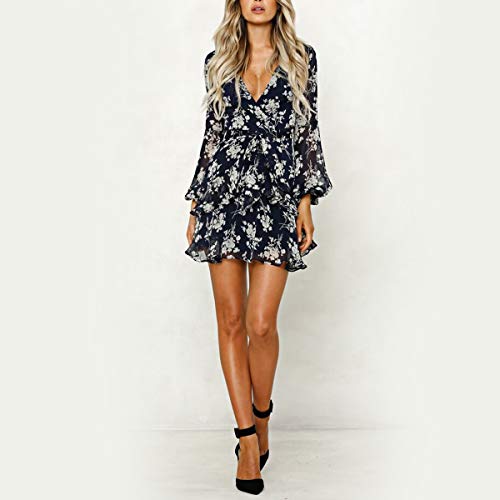 Vestidos de Mujer Vestido Floral con Volantes Casual Vestido Cruzado Manga Larga Columpio Plisado Vestido Mini Patinador (Color : Blue, Size : L) Vestidos de Mujer Vestido Floral con Volantes Casual Vestido Cruzado Manga Larga Columpio Plisado Vestido Mini Patinador (Color : Blue, Size : L)