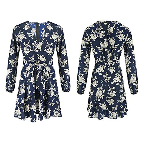 Vestidos de Mujer Vestido Floral con Volantes Casual Vestido Cruzado Manga Larga Columpio Plisado Vestido Mini Patinador (Color : Blue, Size : L) Vestidos de Mujer Vestido Floral con Volantes Casual Vestido Cruzado Manga Larga Columpio Plisado Vestido Mini Patinador (Color : Blue, Size : L)