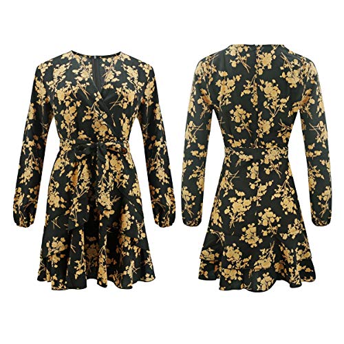 Vestidos de Mujer Vestido Floral con Volantes Casual Vestido Cruzado Manga Larga Columpio Plisado Vestido Mini Patinador (Color : Yellow, Size : L)