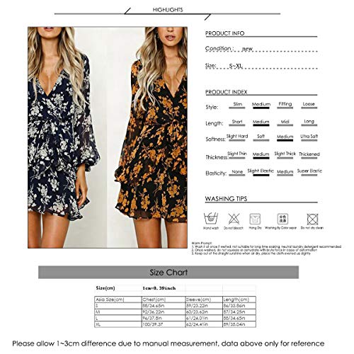 Vestidos de Mujer Vestido Floral con Volantes Casual Vestido Cruzado Manga Larga Columpio Plisado Vestido Mini Patinador (Color : Yellow, Size : L)