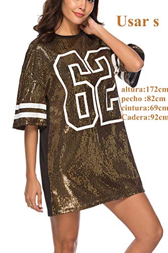 Vestidos Mujer Camiseta Vestido Casual Lentejuelas Verano Vestido Manga Corta Club Mini Vestidos de Fiesta Gold S