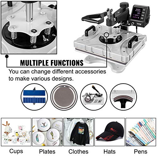 VEVOR Máquina de Prensa de Calor Multifuncional, 5 en 1 Prensa de Transferencia Giratoria de 360°, 1.000 W Máquina de Sublimación, Prensa de Calor, Prensa Térmica Blanca para Camisetas, Tazas