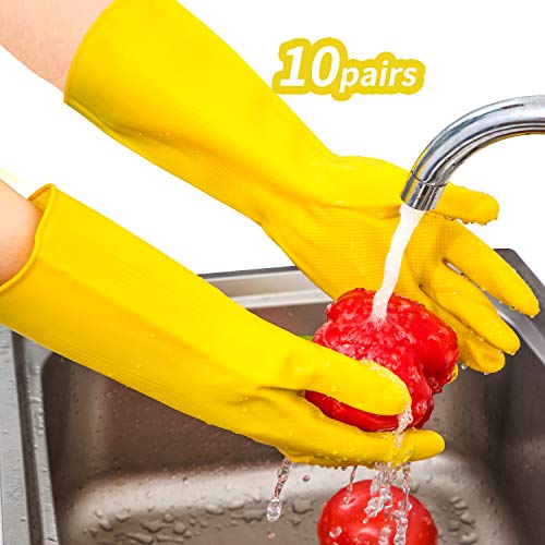 Vgo 10-Pairs Guantes de Limpieza Reutilizables Engrosados con Mangas Largas, para Trabajos Domésticos, Lavar Platos, Limpieza de Cocina, Pintura, Jardinería y Cuidar a Mascotas (8/M,Amarillo,HH4601)