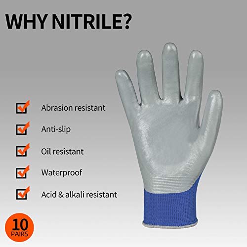 Vgo 10-Pares Guantes de Trabajo y Jardinería con Revestimiento de Nitrilo (Talla S, Azul, NT2110)